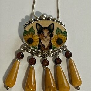 Sterling Silver GUSS Calico Cat Sunflower Convertible Necklace Brooch Artisan